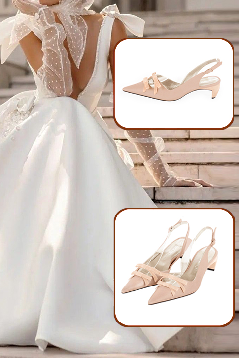 Women's powder pink elegant slingback heels, with a bow on the front. Pointed toe. Low comma heels - Top view